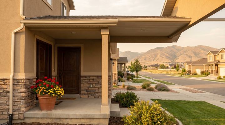 The front porch and door of a two-story Utah home