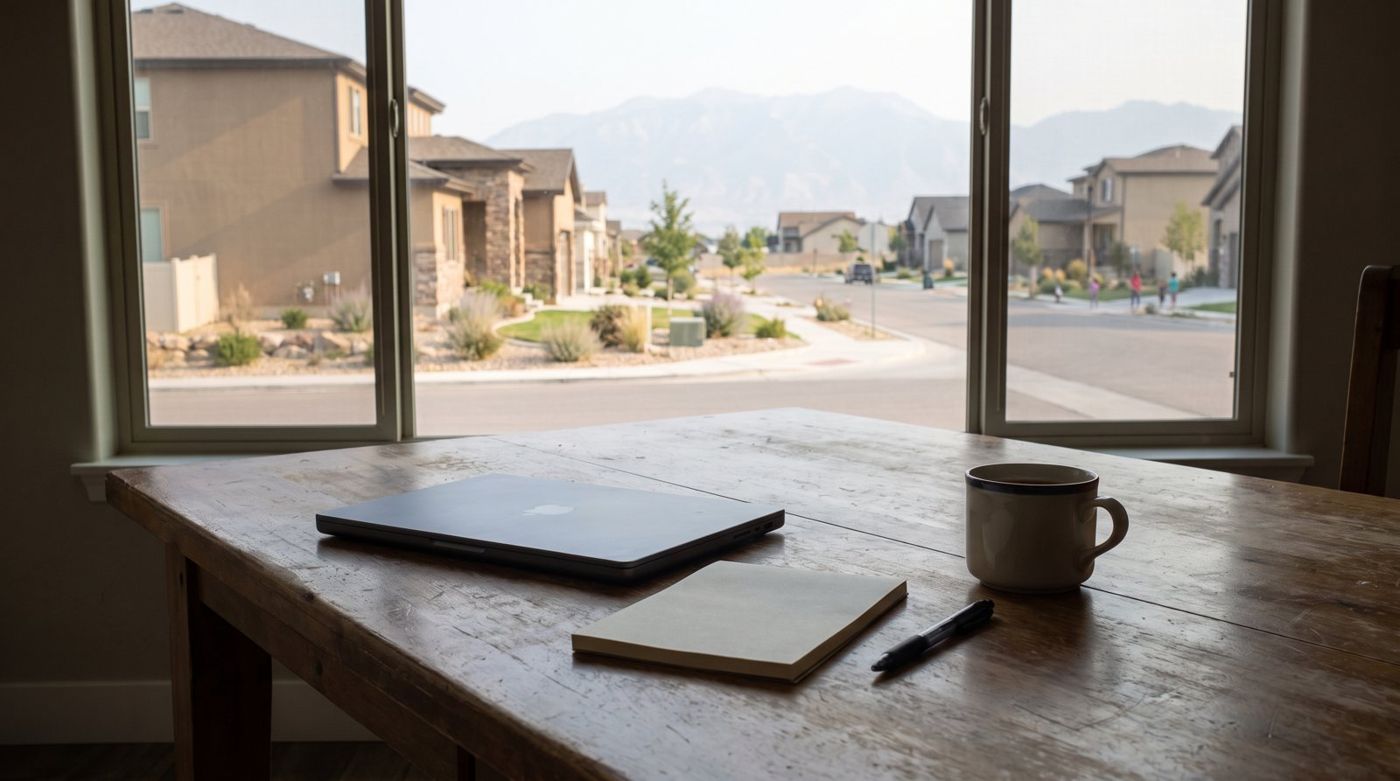 Paperwork and a laptop on a kitchen table