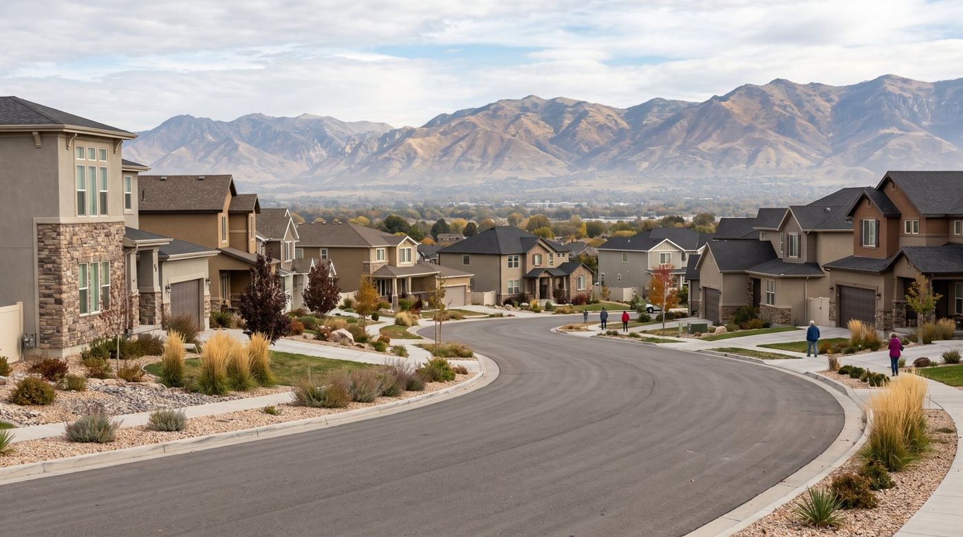 A row of homes along a curving suburban street