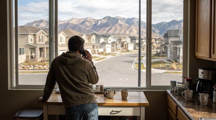 A homeowner on the phone at a kitchen counter