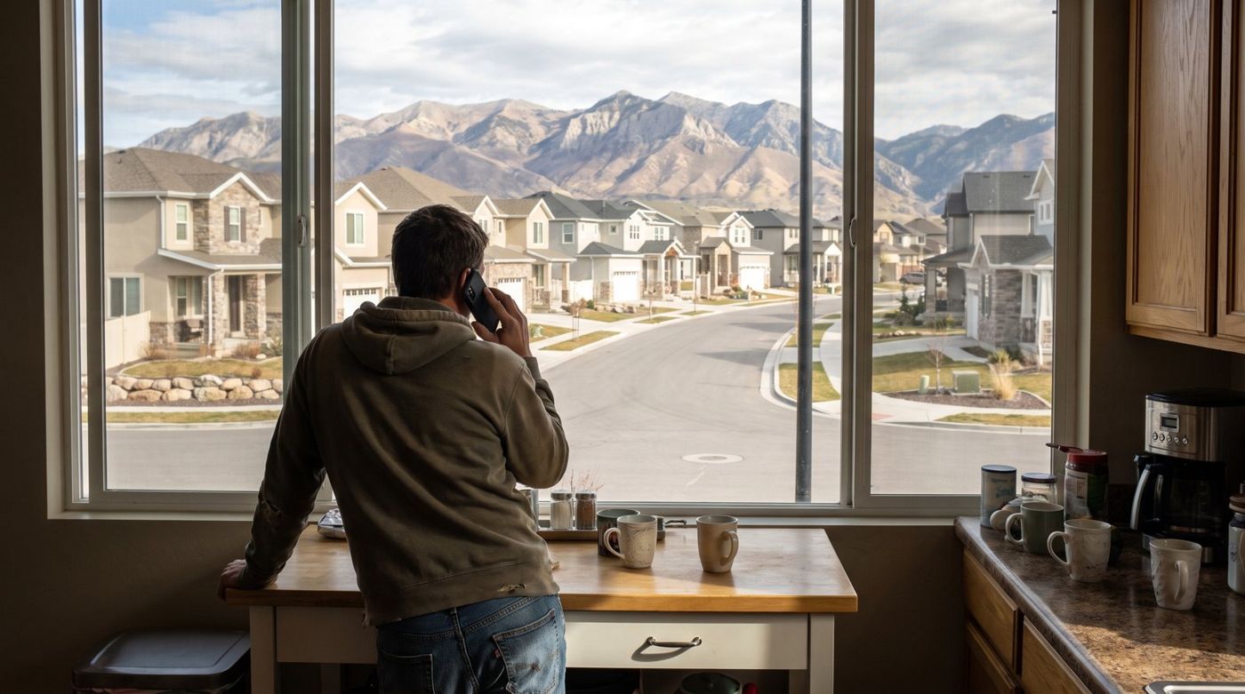A homeowner on the phone at a kitchen counter
