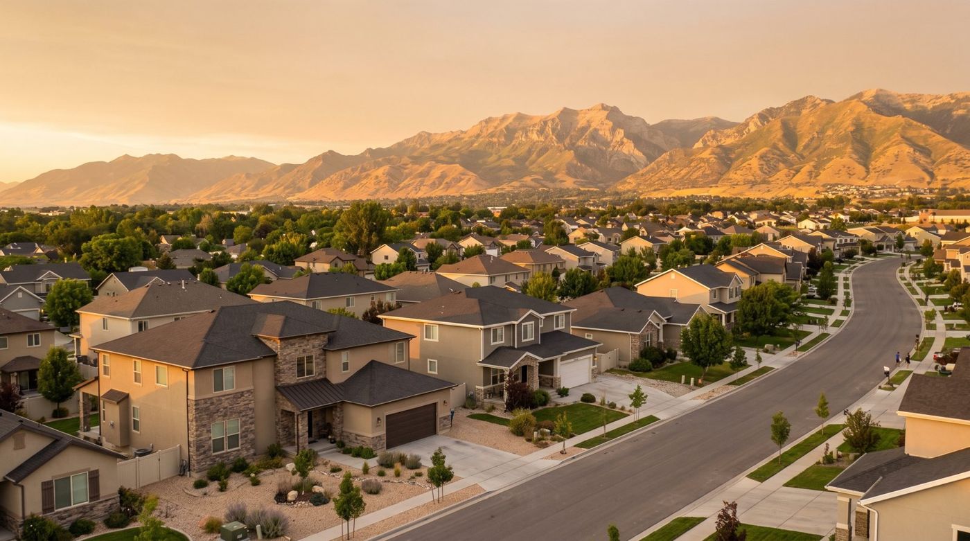The Salt Lake Valley with homes and the Oquirrh Mountains
